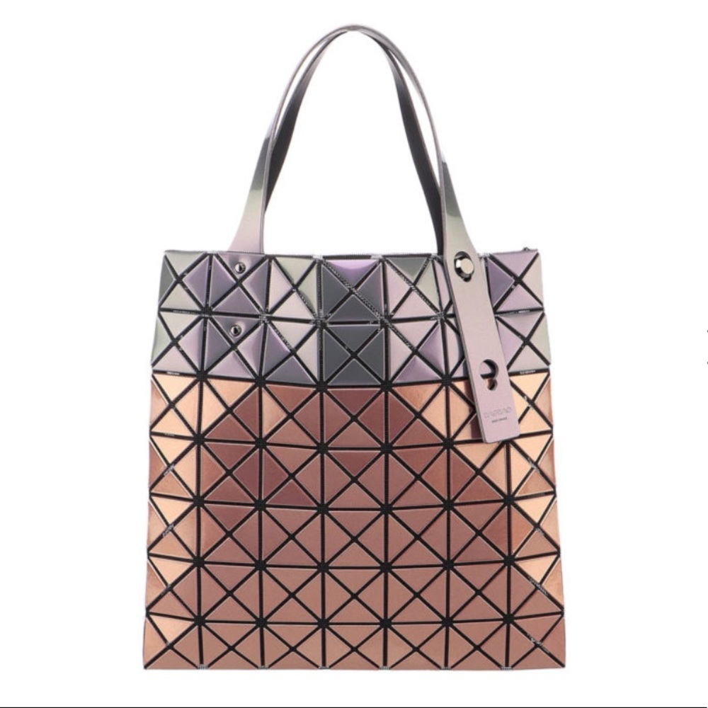 Bao Bao Issey Miyake Platinum Mermaid Tote Purple and Beige 10.75” x 10.75”